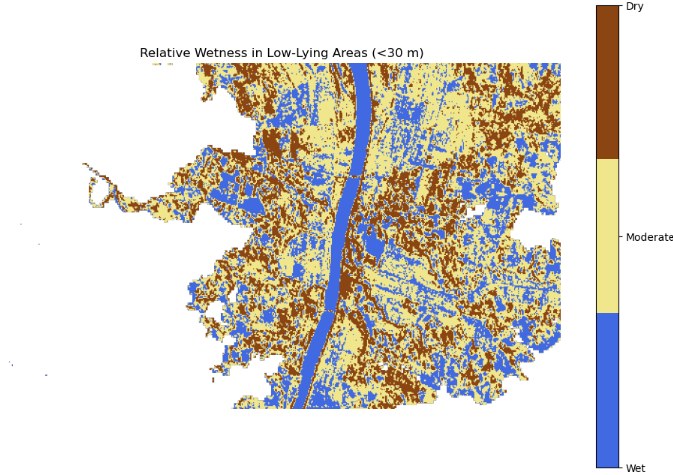 Sentinel-1 study illustration showing relative wetness in low-lying areas